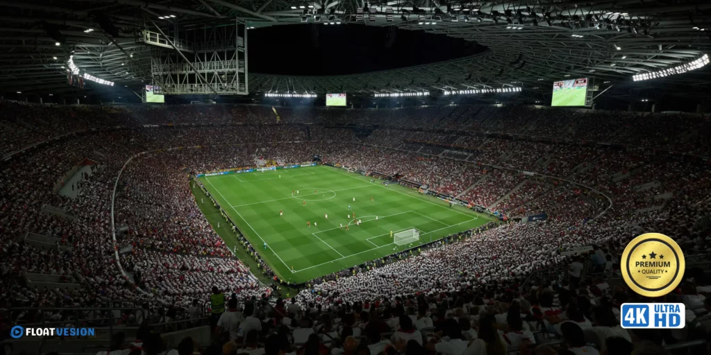 Best IPTV for Watching Football in 2025 1 Packed football stadium during a night match, viewed from above, showcasing 4K Ultra HD live IPTV broadcast by FloatVesion.