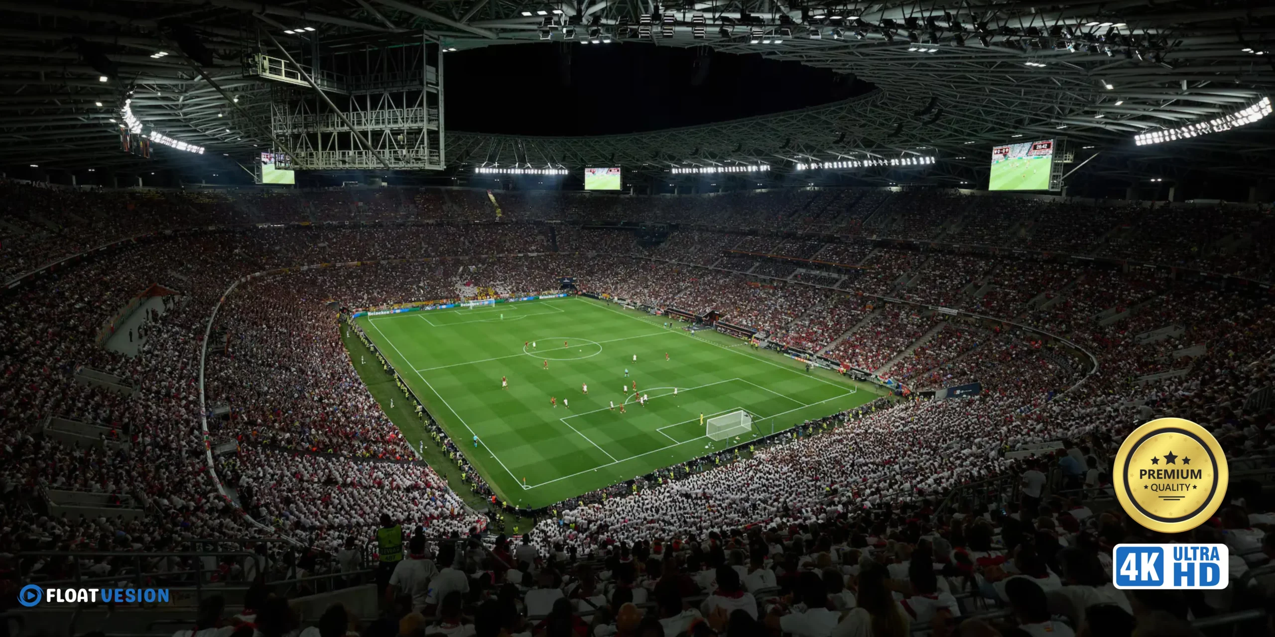 Packed football stadium during a night match, viewed from above, showcasing 4K Ultra HD live IPTV broadcast by FloatVesion.