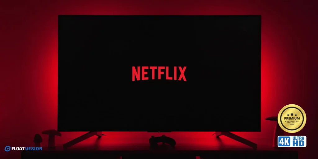 HD Streaming IPTV with Netflix | Free 24H Trial 1 Smart TV displaying Netflix logo with red ambient lighting, showcasing HD streaming IPTV with Netflix via FloatVision, including 4K Ultra HD and premium uncut quality.