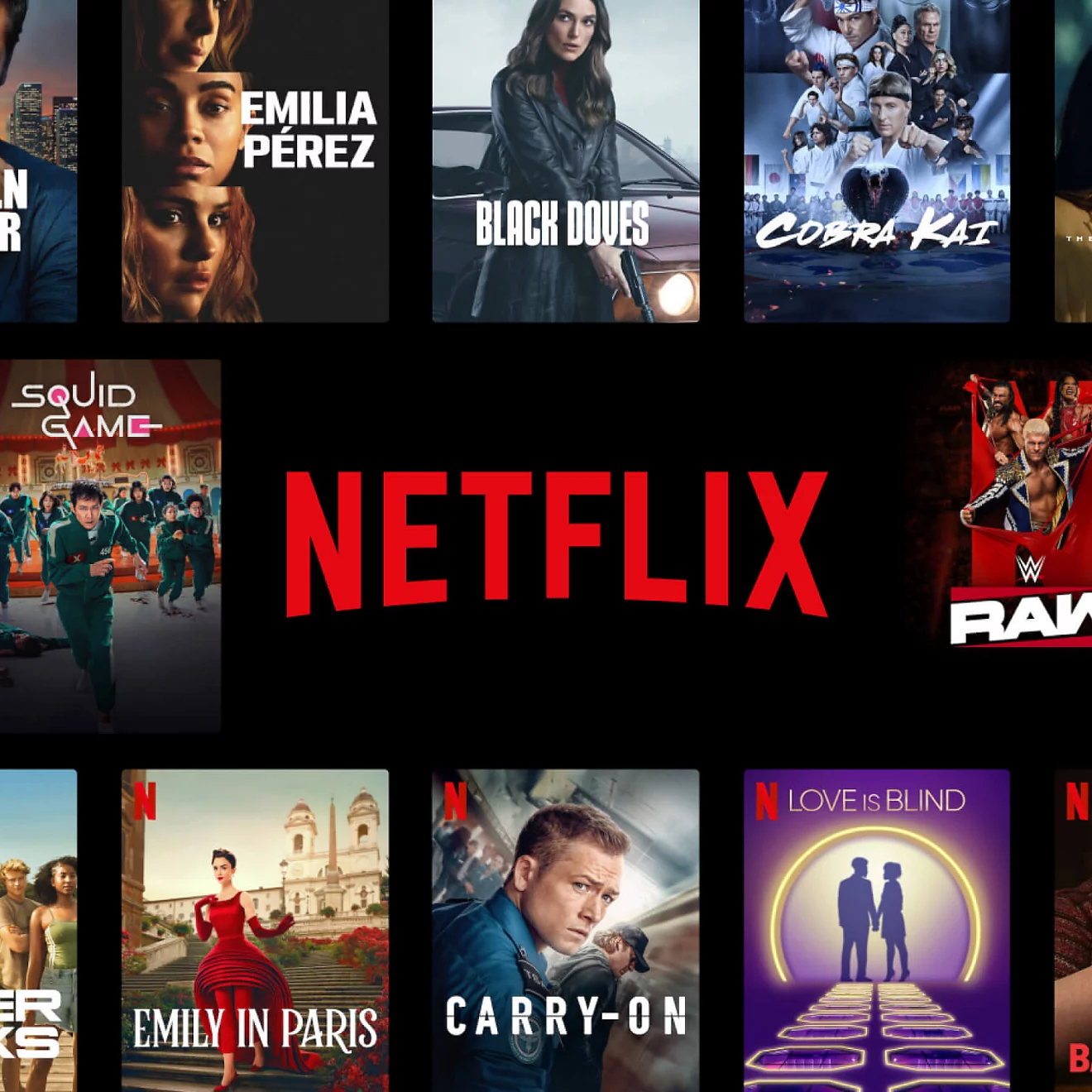 Promotional image featuring top Netflix streaming shows for 2025 including Squid Game, Cobra Kai, Emily in Paris, and Love Is Blind.