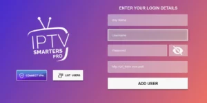Top IPTV Players Compatible with Smart TVs 3 Login screen of IPTV Smarters Pro with fields for name, username, password, and URL, along with buttons labeled 'Connect VPN', 'List Users', and 'Add User' on a gradient purple to pink background.