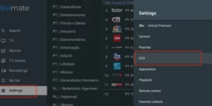 Top IPTV Players Compatible with Smart TVs 2 TiviMate IPTV player settings menu showing options like General, Playlists, EPG, Appearance, and Playback on a smart TV screen