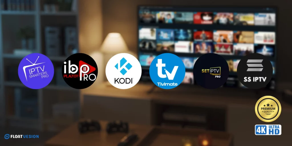 Top IPTV Players Compatible with Smart TVs 1 Logos of top IPTV players including IPTV Smarters Pro, IB Player Pro, Kodi, TiviMate, Set IPTV, and SS IPTV displayed on a smart TV screen with FloatVision branding.