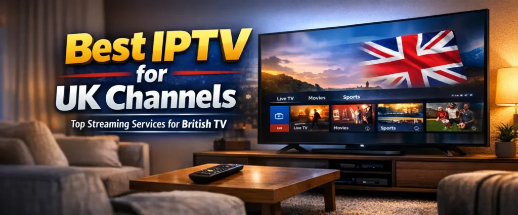 Best IPTV for UK Channels (2026 Guide) β Top Services, Free Trial & Setup 1 Smart TV streaming UK IPTV channels in a modern living room with British flag display