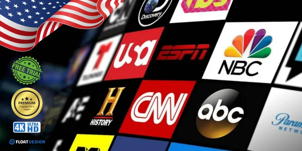 Best IPTV for USA Channels (2026) – Top 15 Reliable & Affordable Services 1 Best IPTV for USA channels showing live TV logos like news and sports networks with 4K HD streaming and free trial offer