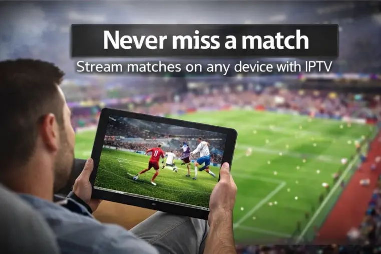 Best IPTV for Live Football: 17 Powerful Picks & Ultimate Streaming Guide (2026) 2 Person watching live football on tablet using IPTV streaming service with stadium match visible on screen