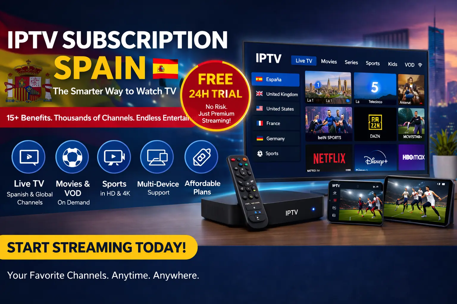 IPTV Subscription Spain: Best Affordable Streaming Service (2026 Guide) 1 IPTV subscription Spain banner showing smart TV interface, streaming devices, and free 24 hour trial offer