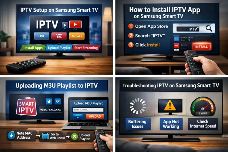 IPTV Setup on Samsung Smart TV (2026 Guide): Easy & Fast Installation Steps 1 IPTV setup on Samsung Smart TV showing app installation, M3U playlist upload, and streaming activation steps