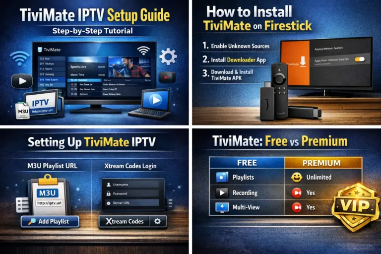 TiviMate IPTV Setup Guide: The Ultimate Easy & Powerful 2026 Step-by-Step Tutorial 1 TiviMate IPTV setup guide showing Firestick installation steps, M3U playlist setup, Xtream Codes login, and free vs premium comparison