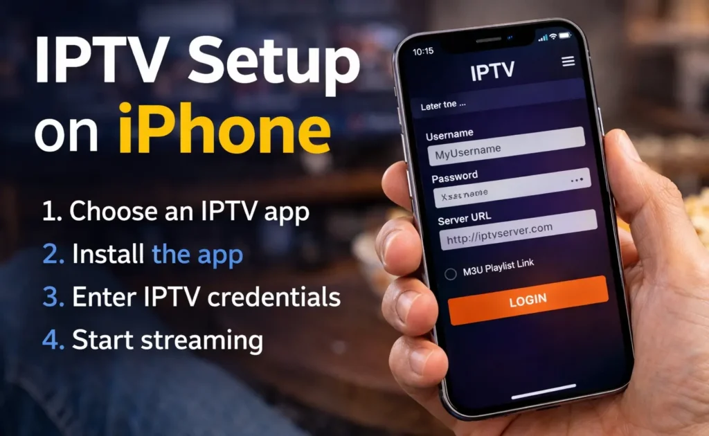 IPTV Setup on iPhone: 7 Powerful Steps for a Smooth & Easy Streaming Experience 1 Step by step IPTV setup on iPhone showing login screen and instructions