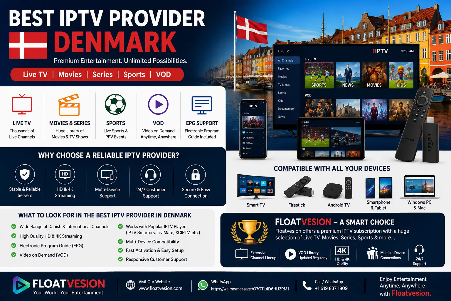 Best IPTV provider Denmark infographic showing live TV, movies, sports, VOD, EPG, device compatibility, and IPTV streaming features.