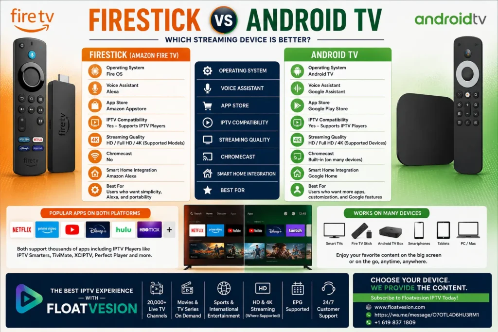 Firestick vs Android TV: Which Streaming Device Is Better? 1 Infographic comparing Firestick and Android TV, highlighting differences in performance, IPTV compatibility, app availability, streaming quality, voice assistants, and supported features.