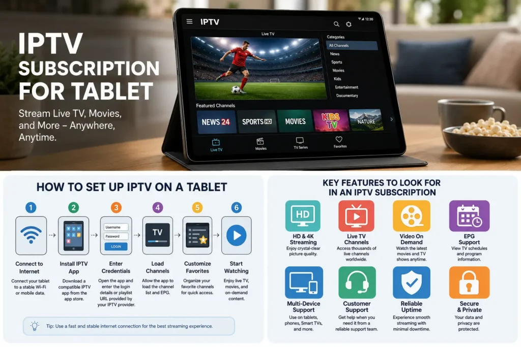 IPTV Subscription for Tablet: Complete Streaming Guide 2026 1 Infographic showing an IPTV subscription for tablet with setup steps, HD streaming features, live TV, video on demand, EPG support, and multi-device compatibility for Android tablets and iPads.