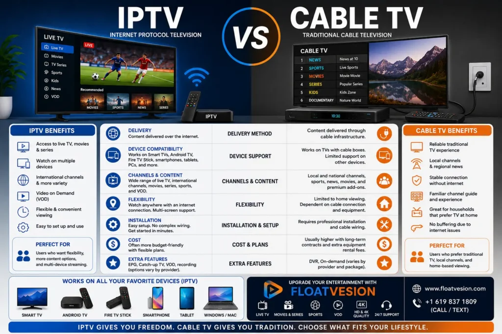 IPTV vs Cable TV: Which Is Better for Streaming in 2026? 1 Infographic comparing IPTV and Cable TV, highlighting differences in live TV, streaming quality, supported devices, channel selection, installation, and viewing flexibility.