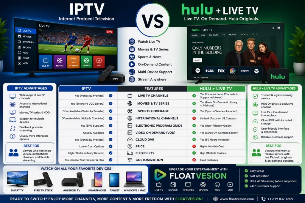 IPTV vs Hulu Live: Which Streaming Service Is Better? 1 Infographic comparing IPTV and Hulu Live, highlighting differences in live TV, movies, sports, streaming quality, supported devices, on-demand content, and viewing flexibility.
