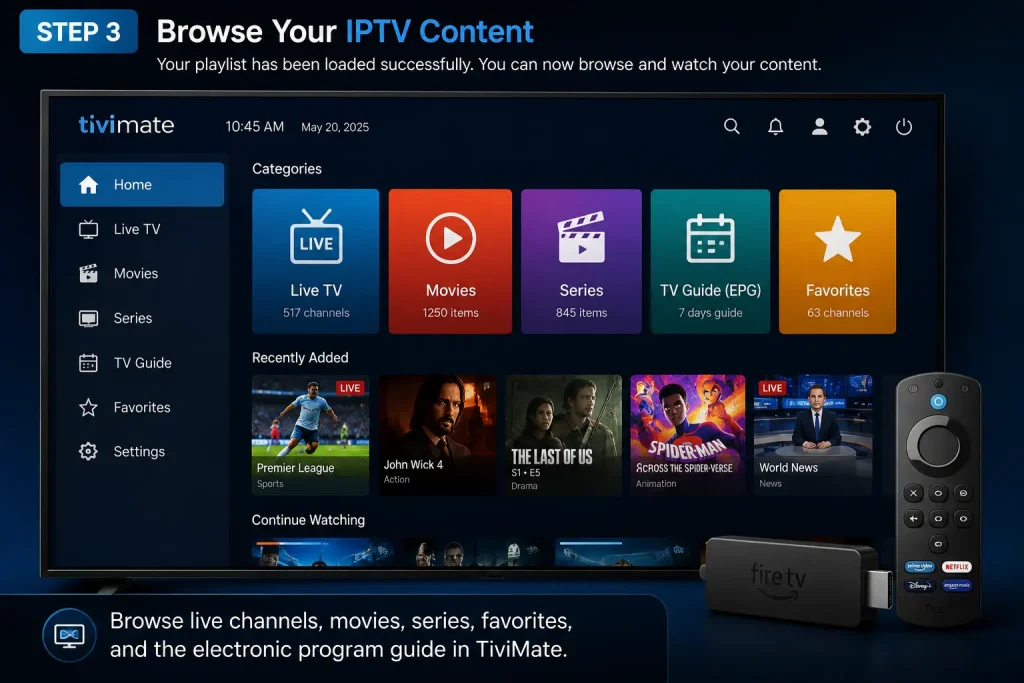 IPTV Setup Guide 2026 13 TiviMate home dashboard on Fire TV Stick displaying Live TV, Movies, Series, TV Guide (EPG), and Favorites.