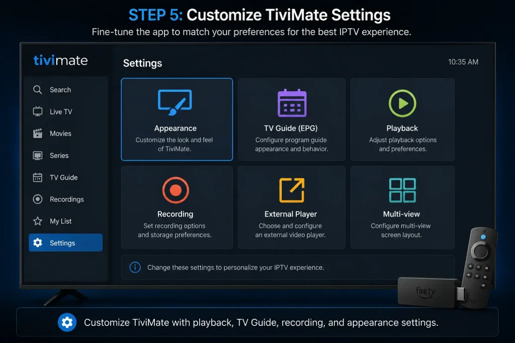 IPTV Setup Guide 2026 15 TiviMate Settings screen displaying Appearance, TV Guide, Playback, Recording, External Player, and Multi-view options on Fire TV Stick.