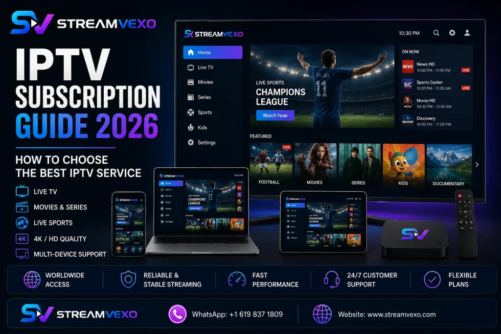IPTV subscription guide 2026 showing StreamVexo IPTV interface on TV, laptop, tablet, smartphone, and streaming box