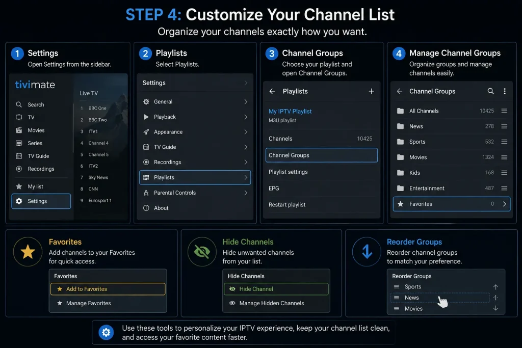 IPTV Setup Guide 2026 14 TiviMate channel management screen showing Settings, Playlists, Channel Groups, Favorites, Hide Channels, and Reorder Groups.