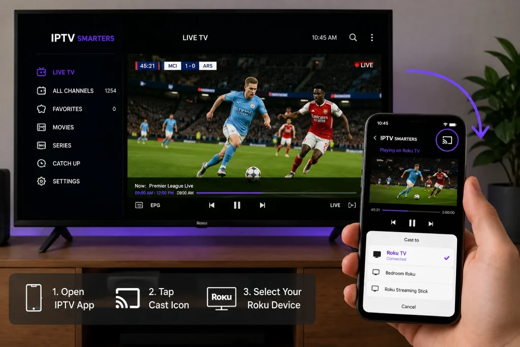 IPTV Setup Guide 2026 19 Smartphone casting IPTV content to a Roku TV