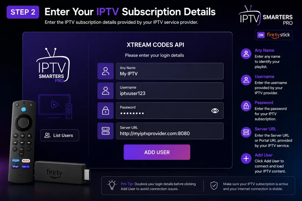 IPTV Setup Guide 2026 7 IPTV Smarters Pro login screen on Fire TV Stick displaying username, password, server URL, and Add User button for IPTV setup.