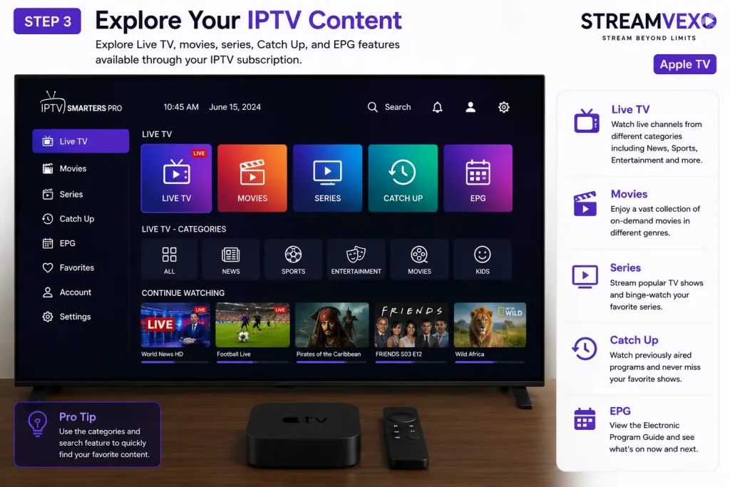 IPTV Setup Guide 2026 3 Explore Live TV, Movies, Series, Catch Up, and EPG features in IPTV Smarters Pro on Apple TV with an IPTV subscription.