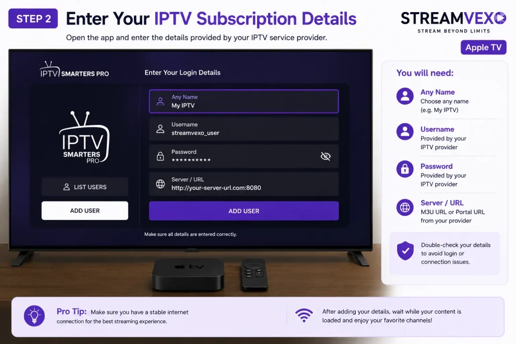 IPTV Setup Guide 2026 2 IPTV Smarters Pro interface on Apple TV showing Live TV, movies, series, Catch Up, and EPG
