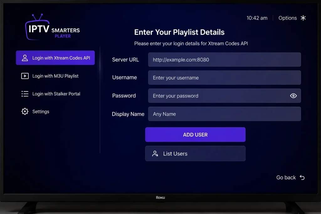 IPTV Setup Guide 2026 18 IPTV Smarters login screen on Roku showing playlist and Xtream Codes options