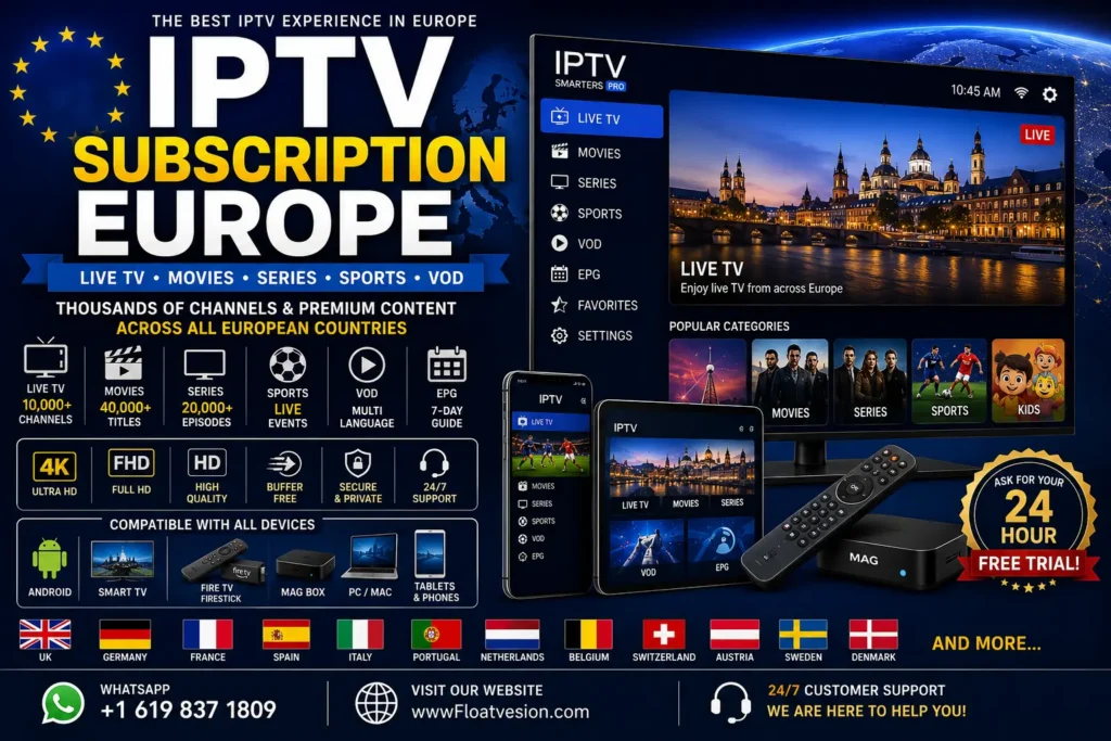 IPTV Subscription Europe: 10 Essential Tips to Choose the Best IPTV Service in 2026 1 IPTV Subscription Europe featuring Live TV, Movies, Sports, VOD, EPG, and HD 4K streaming on Smart TV, Android, Fire TV, and MAG Box