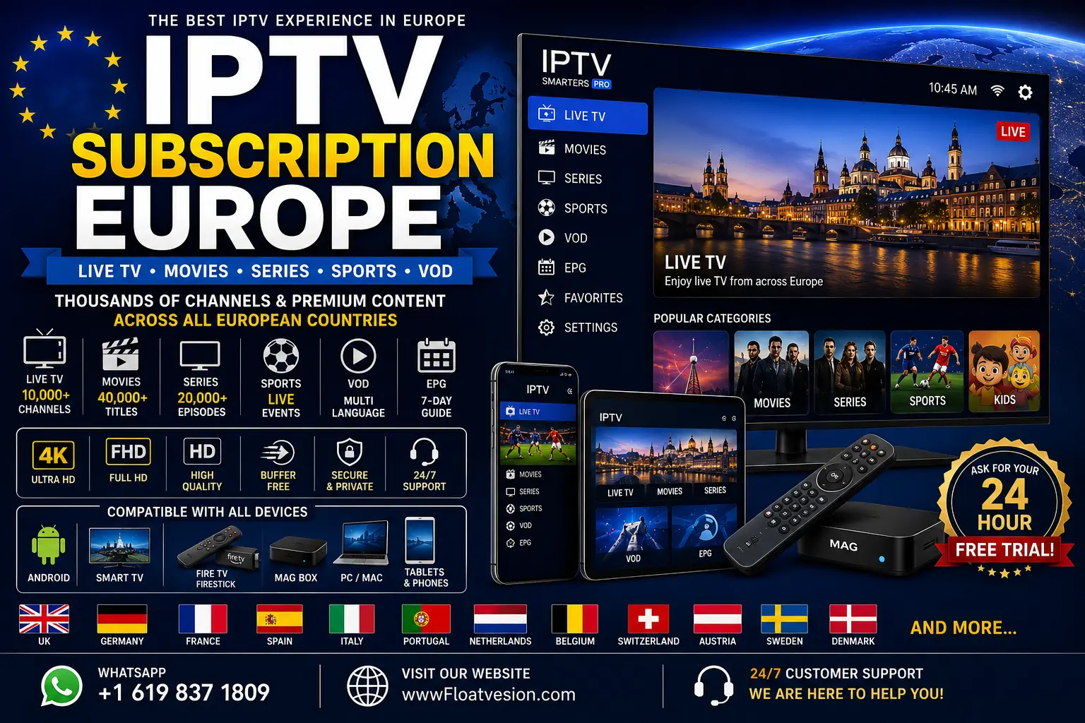 IPTV Subscription Europe featuring Live TV, Movies, Sports, VOD, EPG, and HD 4K streaming on Smart TV, Android, Fire TV, and MAG Box