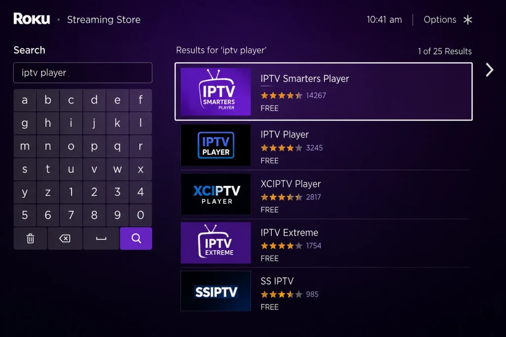 IPTV Setup Guide 2026 17 Roku Streaming Store search screen for finding an IPTV app