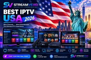 Best IPTV USA 2026 featuring StreamVexo live TV, sports, movies, 4K streaming and US flag