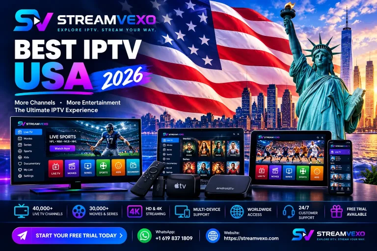 Best IPTV USA 2026 featuring StreamVexo live TV, sports, movies, 4K streaming and US flag